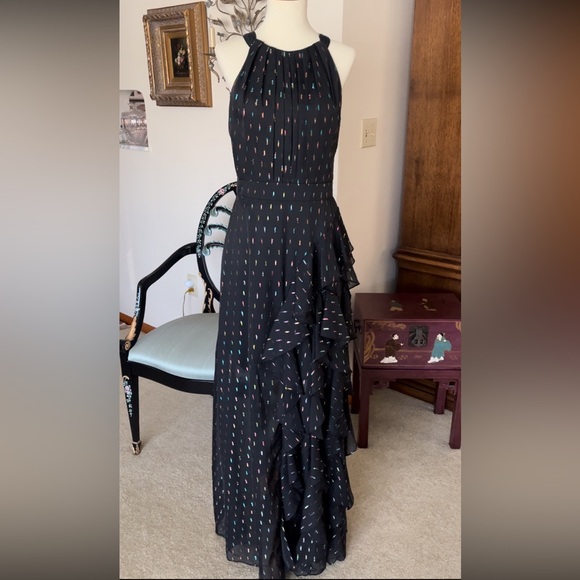 Betsy & Adam Metallic Front Ruffle Slit Halter Nevk Sleeveless Gown - Picture 1 of 17